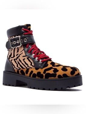 Qupid brand multi-colored animal print lace-up combat boots